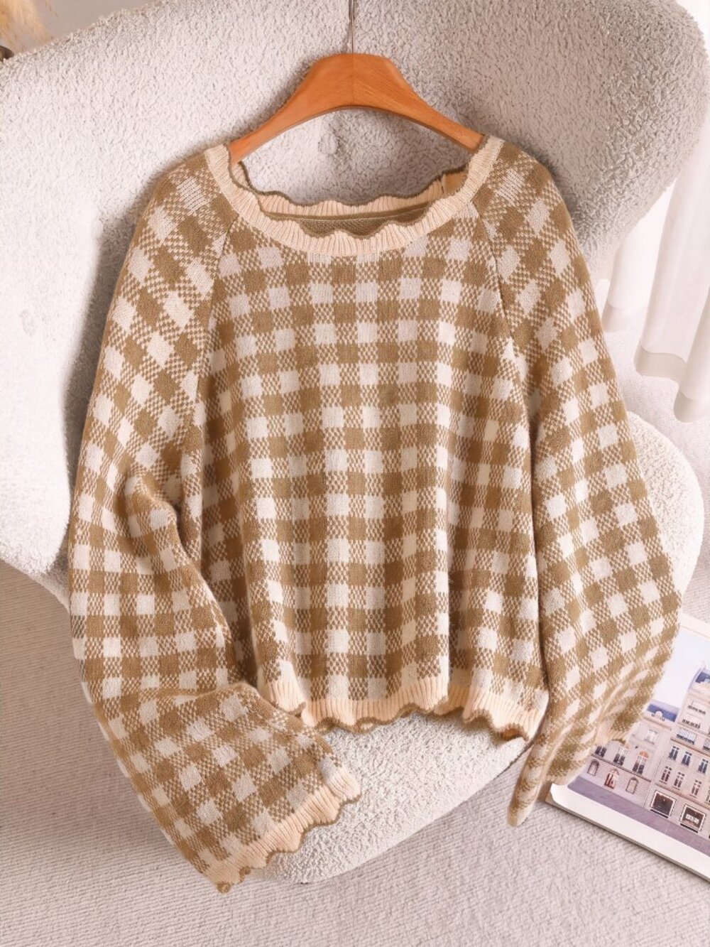 Apricot Casual Women's Plus Size Plaid Long Sleeve Sweater